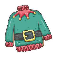 A charming and whimsical illustration of a Christmas cookie shaped like an "ugly Christmas sweater." The pink frosted sweater is adorned with colorful, leaf-shaped sprinkles resembling festive holiday