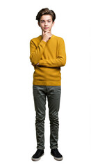 Teenage boy with thoughtful expression, hands on chin, full body shot