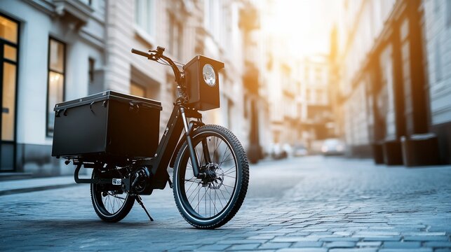 Modern delivery e-bike parked on a cobblestone street in a European city