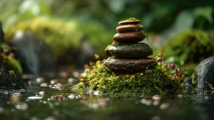 Obraz premium Stacked stones in a mossy garden setting