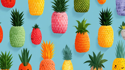 Whimsical Pineapple Pattern, Cute Fruit Illustration on Blue