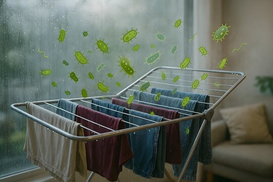 Wet laundry drying indoors on a rack near a rainy window with illustrated bacteria floating in the air, highlighting the risk of Moraxella bacteria growth and unpleasant odors due to indoor drying