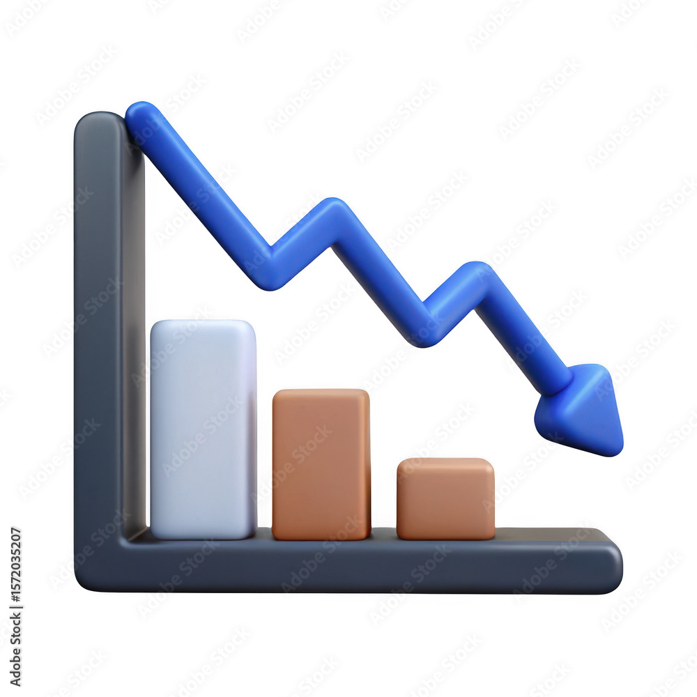 Poster 3d realistic bar chart with decreasing trend isolated on transparent background