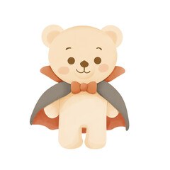 A cute cartoon bear wearing a Halloween cloak. Hand-drawn watercolor style illustration with pastel colors. Perfect for Halloween clipart, greeting cards, party invitations, and seasonal decorations. 
