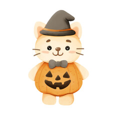 A cute cartoon cat wearing a pumpkin head costume. Hand-painted watercolor style with pastel tones. Ideal for Halloween clipart, party invitations, children’s illustrations, and seasonal decorations. 