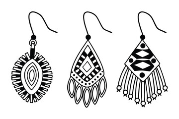 Black and white vector illustrations of three decorative tribal style earrings