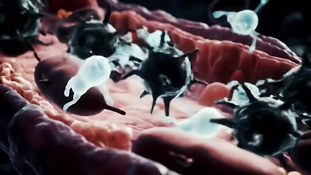 Microscopic blood cells and pathogens