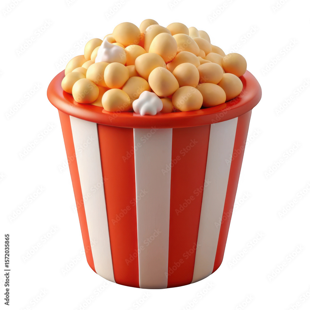 Poster 3d render of popcorn in striped bucket isolated on transparent background