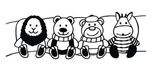 Friendly animal toy crew sitting together in a row smiling happily black and white