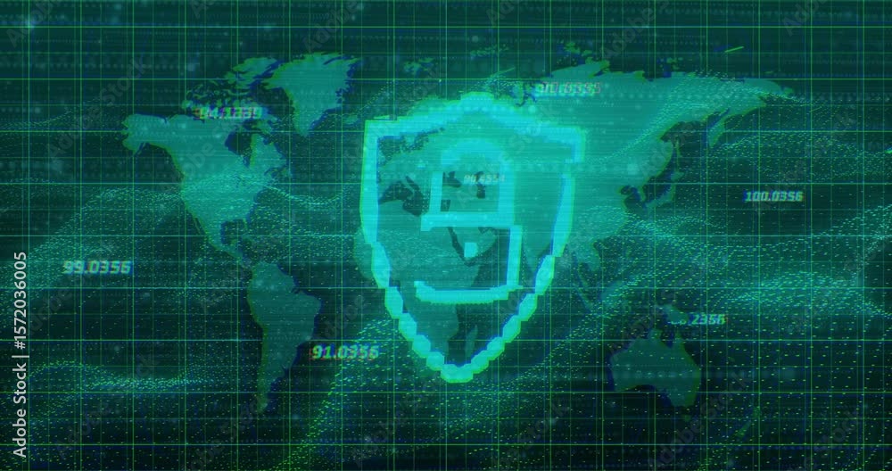 Poster data points updating on dark teal map causing shield forming padlock emerging visualizing security