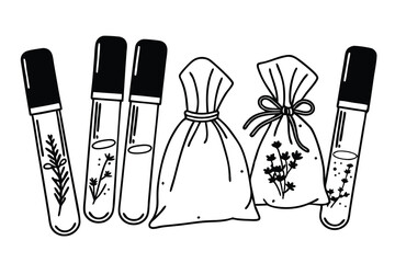 Hand-drawn illustration of herbal remedies showing test tubes and small fabric pouches in black and white © Hafiz