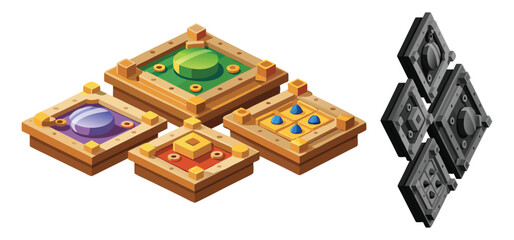 Isometric view of colorful game boards and decorative gray diamond elements