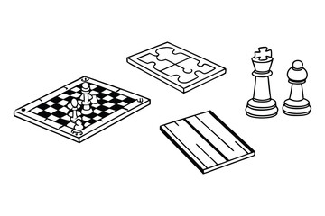 Simple line art depicting chess pieces puzzle and strategy board game elements