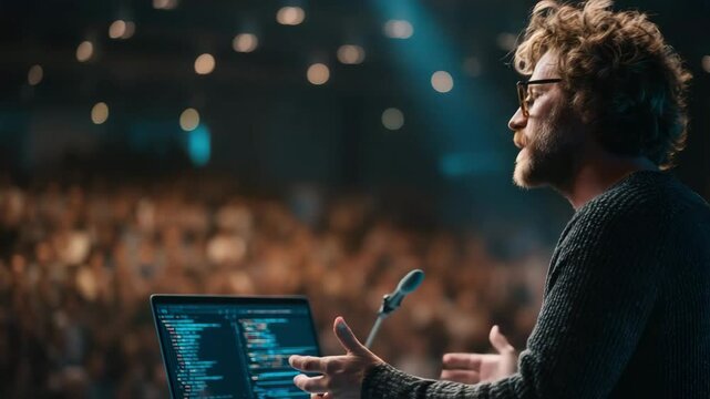 Tech Speaker Presenting Coding Ideas Onstage At Developer Conference Event