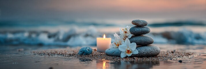 Minimalist editorial beach layout showing wellness and skincare elements along edges with serene empty central focus