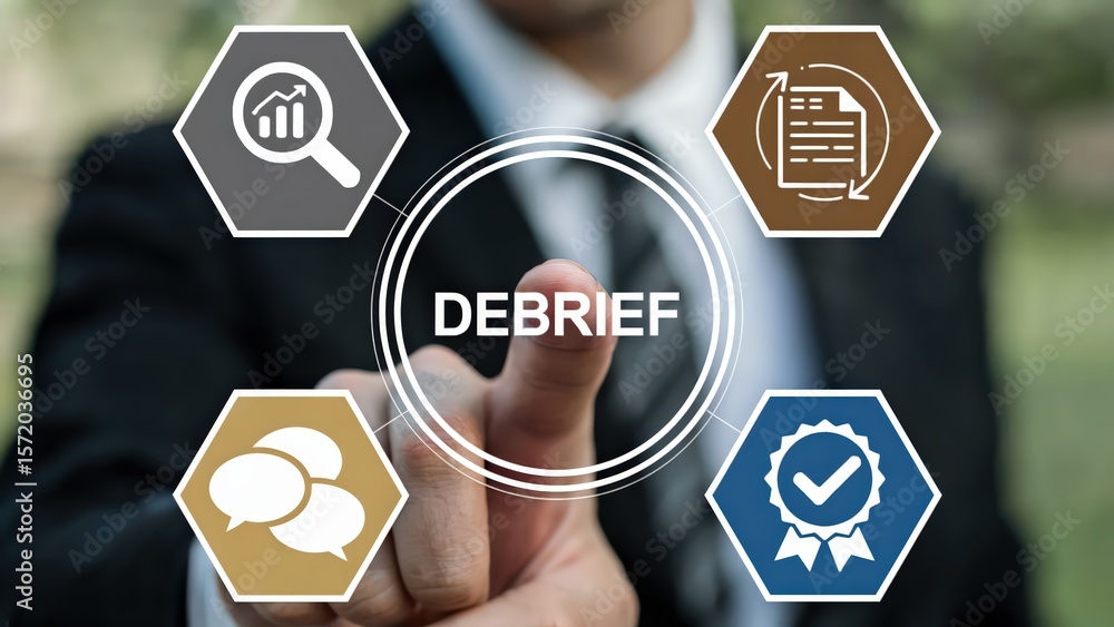 Poster debrief concept with business man pointing to virtual screen interface
