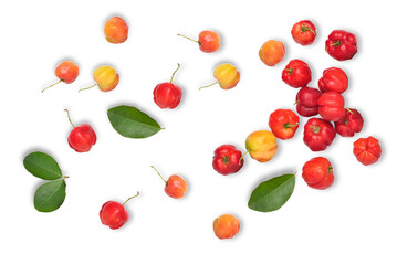 acerola cherries and leaves on transparent background.