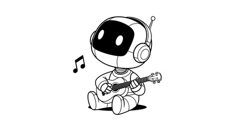 Fototapeta premium Robot plays ukulele AI with music, and isolated.
