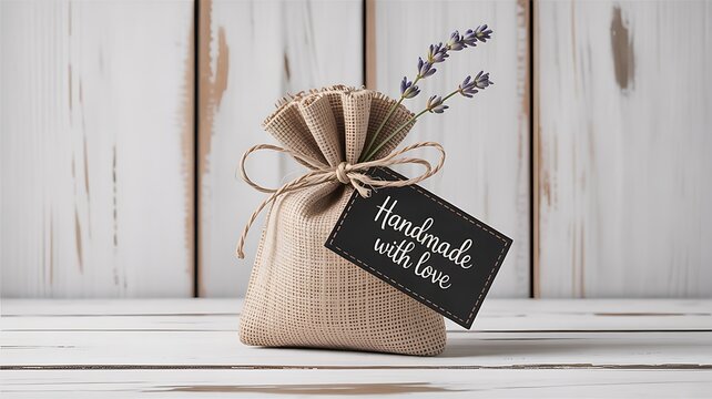 Burlap pouch with lavender and handmade tag sprigs - Powered by Adobe