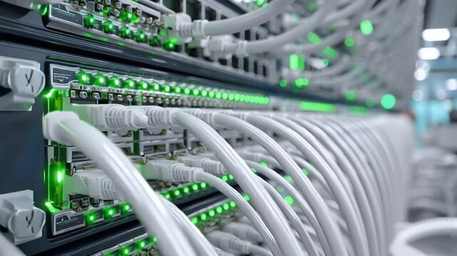 Futuristic animation of IT technician monitoring data flow in a secure server room. Ideal for cybersecurity, cloud technology, and digital infrastructure themes