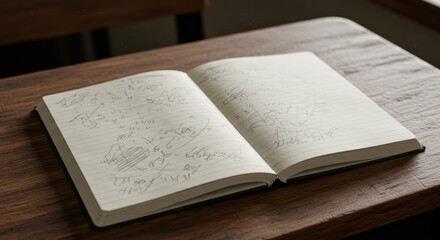 Obraz premium An open notebook on a wooden surface filled with scribbled notes and diagrams