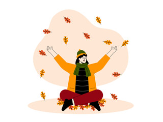 Woman's fun playing with fallen leaves in fall season. Fall season illustration. Autumn vector flat illustration.