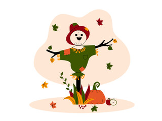 Fall season in the pumpkin patch with a scarecrow. Fall season illustration. Autumn vector flat illustration.