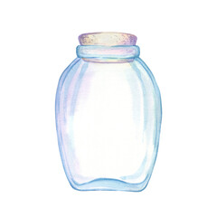 Glass jar with lid, container, vessel, beach decoration, ocean shore souvenir, pastel colors on white background. Single isolated object. Hand drawn watercolor illustration