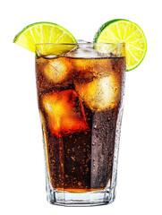 Cola with Lemon Slice - Cola drink with ice cubes and lemon garnish in glass on transparent background

