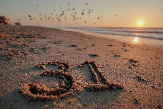 Vintage-style handwritten number 31 in wet pastel beach sand under golden light, smooth grooves and gentle sky gradients, calming and organic visual for serene designs