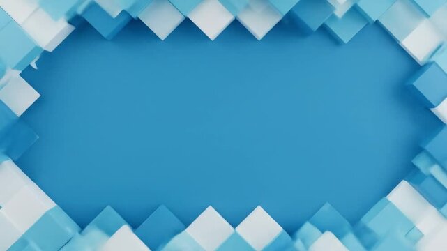 Blue background framed by white and blue cubes creating a border around a bright blue central space
