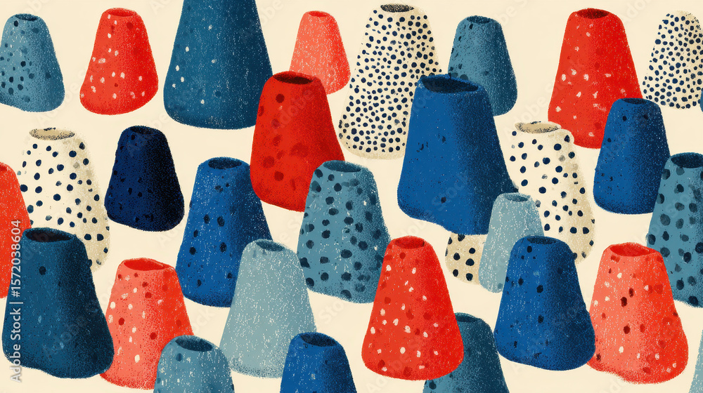 Poster abstract geometric pattern with conical shapes, red and blue on beige background