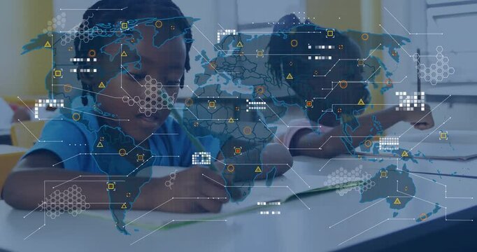 Students writing workbooks during education class while map graphic fading and data icons spreading