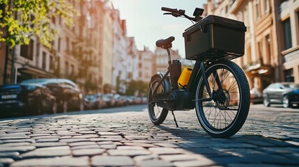 Electric Delivery Bike on Cobblestone Street in a European City Center