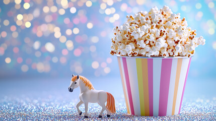 Sparkling Party Popcorn in Pink Striped Bucket and a cute horse figure on bokeh background to celebrate festive New Year's Eve, fun gathering