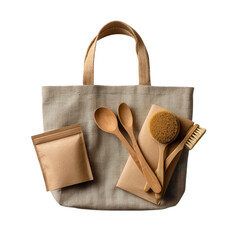 Jute bag with sustainable products isolated on white