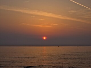 Early dawn, sea horizon sunrise, beautiful natural sunrise dawn seascape background, Yeongdeok sea,...