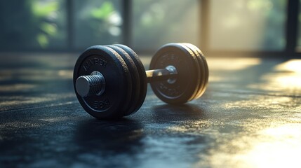 Gym dumbbell on floor, bright sunlight, fitness, health