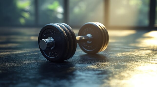 Gym dumbbell on floor, bright sunlight, fitness, health