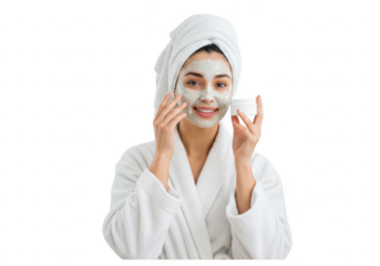 Woman applying a clay face mask and holding a jar isolated on transparent background