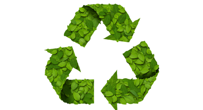 Green recycling symbol formed entirely from lush green leaves representing environmental sustainability and ecological awareness isolated on white background