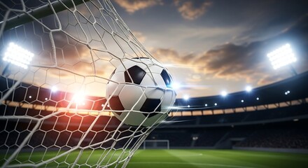 Soccer ball in goal net stadium lights football