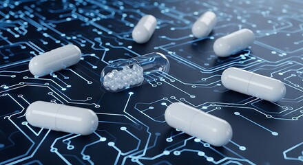 White capsules on blue circuit board medicine pills
