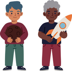 Two boys playing with rocket and moon toy vector illustration in casual clothing