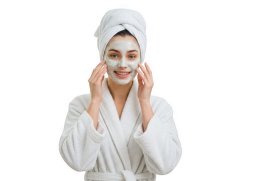 Smiling woman applying face mask and wearing towel and robe isolated on transparent background
