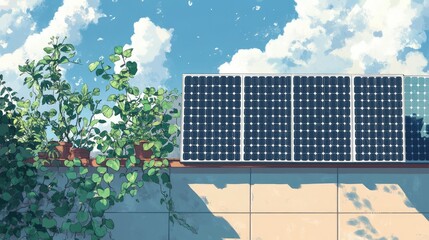 Sunny Day Rooftop Solar Panels and Lush Greenery
