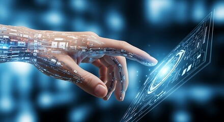 Human hand with robotic arm interacting with digital interface