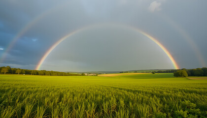 Naklejka premium rainbow over green field