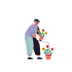 Elderly Woman Gardening with Flowers in Pots, Vector Illustration