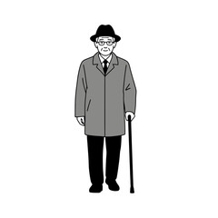 Senior Man with Cane: Full Body Illustration in Minimalist Style